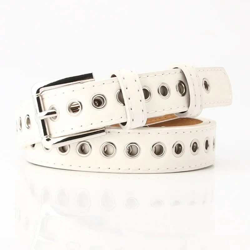 Bälten för kvinnor stora metallhål novelty bälten metallbälten tonåringar jeansbyxor accessoarer: Vit