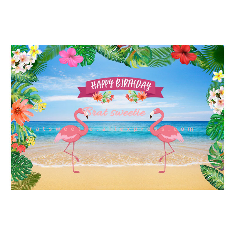 Telones de fondo de feliz cumpleaños de 7 x 5ft pulgadas con flamencos, decoraciones para fiesta hawaiana, vinilo, playa, fondo tropical, fondo fotográfico de pared aloha: Default Title