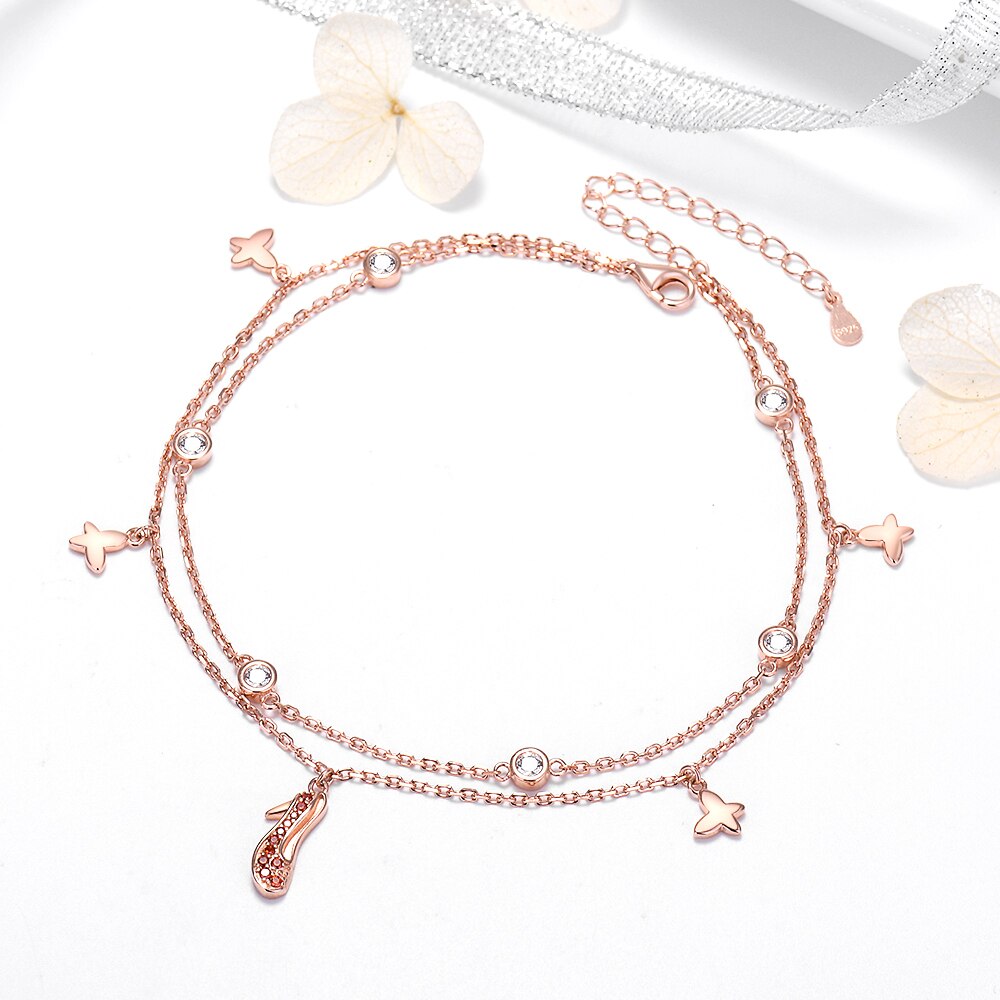 925 Sterling Silber Fußkettchen Rose Gold Schmetterling hoch Fersen Footchain Süße Doppel-schicht für Frauen murmeln Feine Schmuck freies schiff