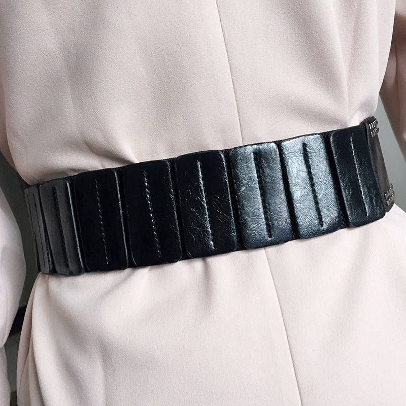 Black Leather Cummerbunds Female Woman Belt Punk Wide Women'S Belts Punk Rivet Stretchy Dress Waistbands Lady For Dress