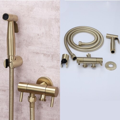 Geborsteld Goud Bidet Kraan Set Badkamer Handdouche Bidet Wc Spuit Hygiënische Douche Bidet Tap Wall Mount Bidet Kraan