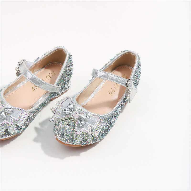 Girls high heel party shoes kids pink rhinestone single shoes fall kid's bow silever princess contracted high heels: silver / 34 (Inner 21CM)