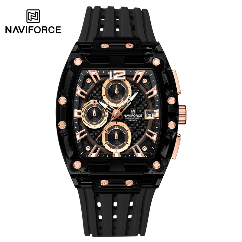 Naviforce 5 atm impermeabil ceasuri bărbătești originale sport cuarț multifuncțional curea silicon carcasă pătrată ceas de mână: Albastru
