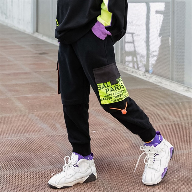 Calça cargo de algodão para bebês, roupas casuais para garotos hip-hop de recém-nascidos com bolsos coloridos, cintura elástica, primavera/outono 3 a 12 crianças