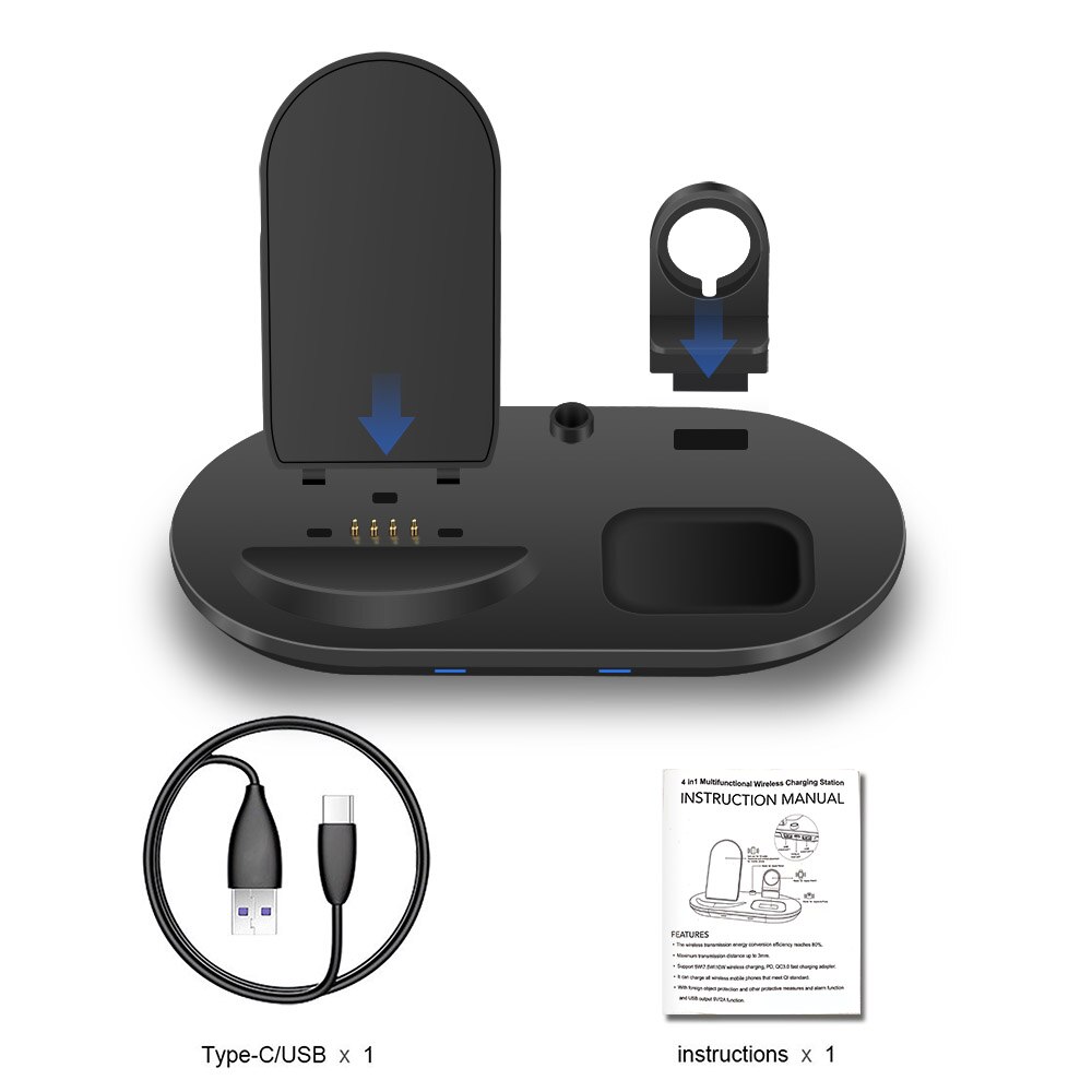 15w rápido qi carregador sem fio para iphone 12 11 xs max xr x 8 3 em 1 estação de carregamento para apple watch 6 5 4 3 2 iwatch airpods pro: Black