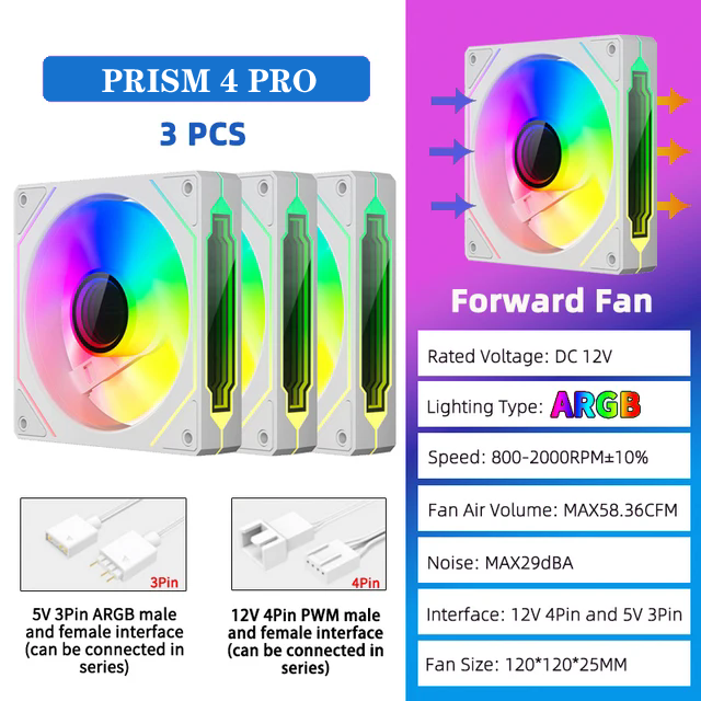 ICE Whale Prism 4 PRO 3PCS PC Case Fan 120mm ARGB Espelho Cíclico Efeito de Luz PWM 800-1800RPM CPU Cooler ventilador: Marfim