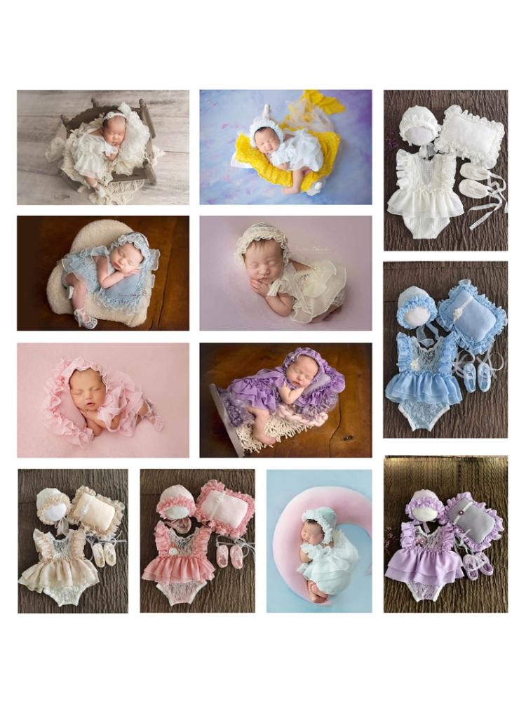 Set van 5 pasgeboren fotografie-accessoires: kanten jurkje, hoedje, kussentje, korte broek en schoenen.