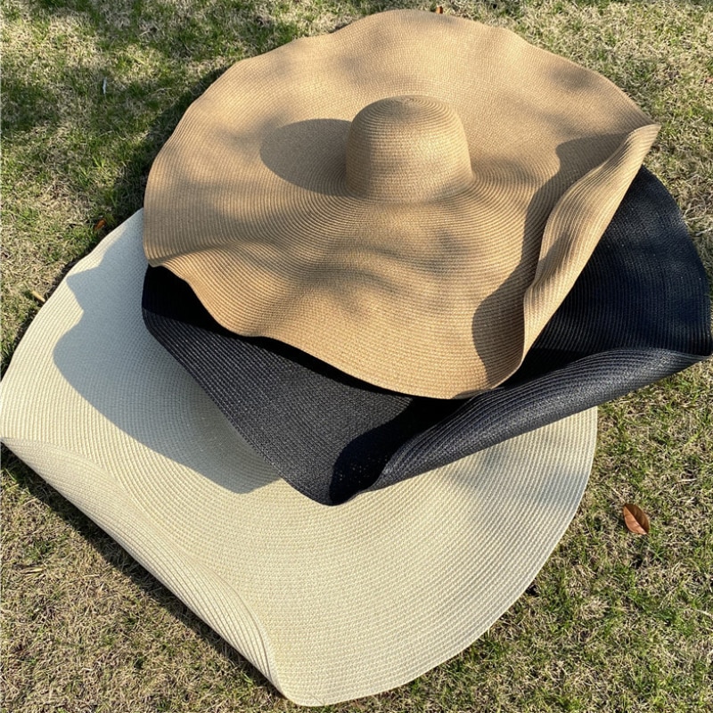 Ht3183 extra stor stor bred brättad hatt dam sommar solhatt kupol packbar solid stråhatt strandhatt kvinnlig solskydd dam floppy hatt