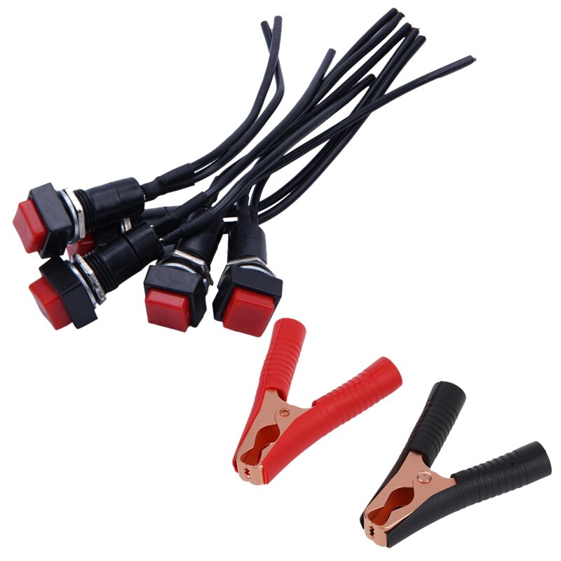 2Pcs Car Alligator Clips Battery Clamps Crocodile Clip 100a Red+Black & 5Pcs 10Mm Red Square Wired Car Horn Momentary Push Butto