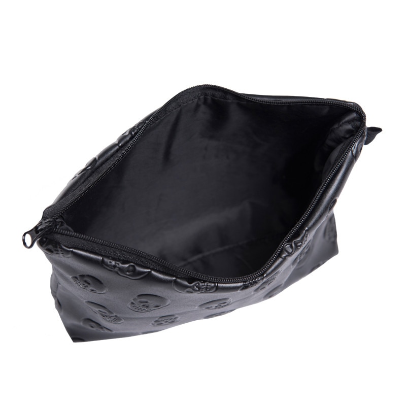 Zwarte schedel 3D Afdrukken lederen make-up tas vrouwen Mode reizen organizer PU cosmetische tas trousse de maquillage etui