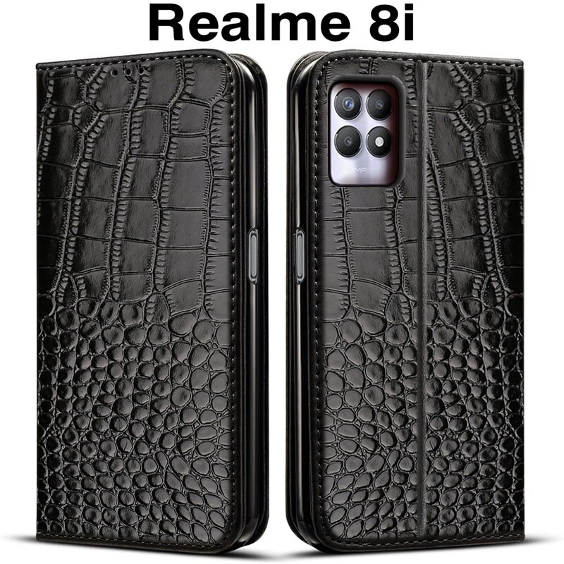 Étui portefeuille à rabat en cuir pour Realme 8i RMX3151, coque de protection pour téléphone: Black