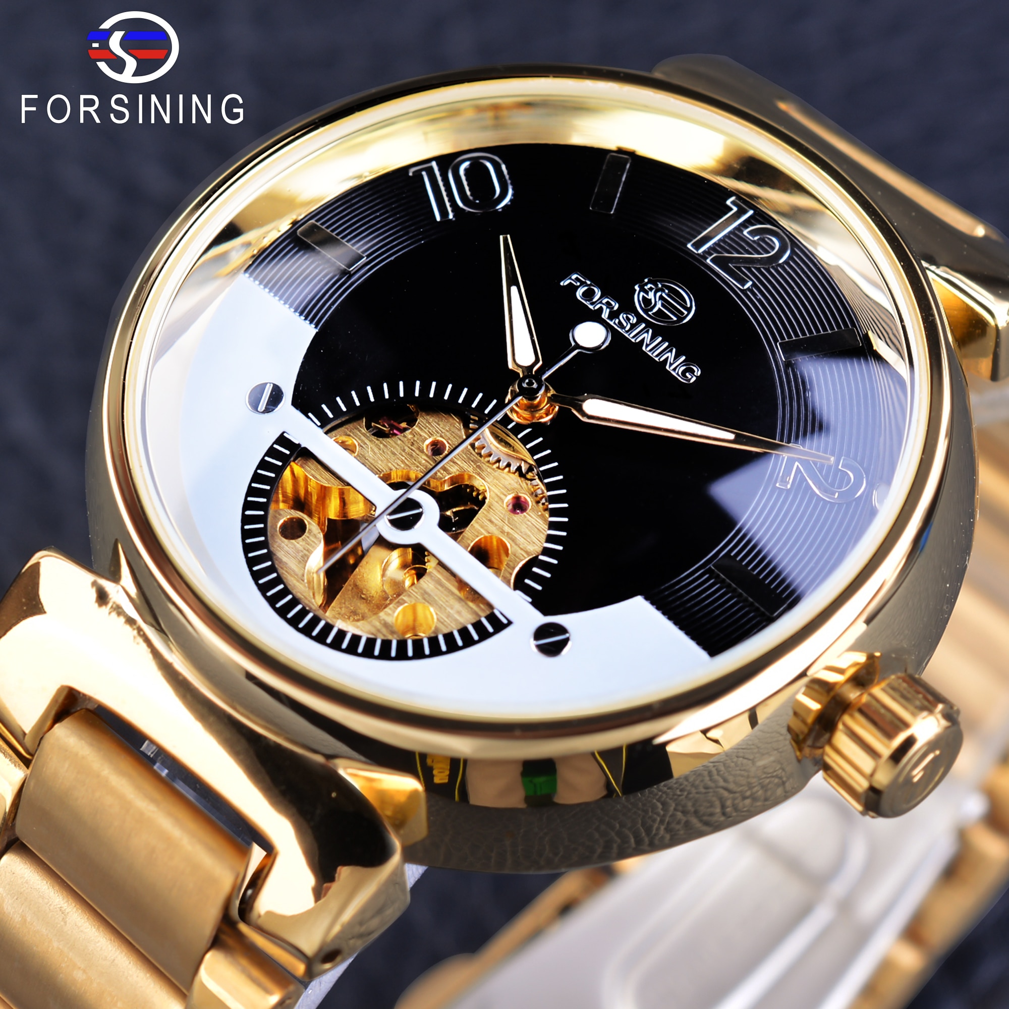 Forsining Creatieve Horloge Golden Rvs heren Horloge Topmerk Luxe Automatische Skelet Polshorloge Lichtgevende Klok