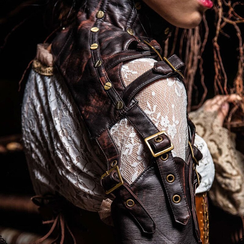 Steampunk Female PU Leather Arm Warmers Long Fingerless Arm Warmer with Belt Brown Arm Sleeves for Arm Protection
