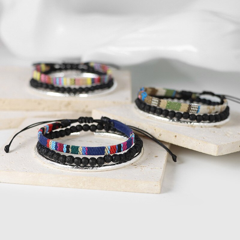 3pcs/Set Colorful Rope Wrap Braid Bracelets Set Lava Stone Bracelets Handmade Wristband Bracelets For Men Jewelry Friendship