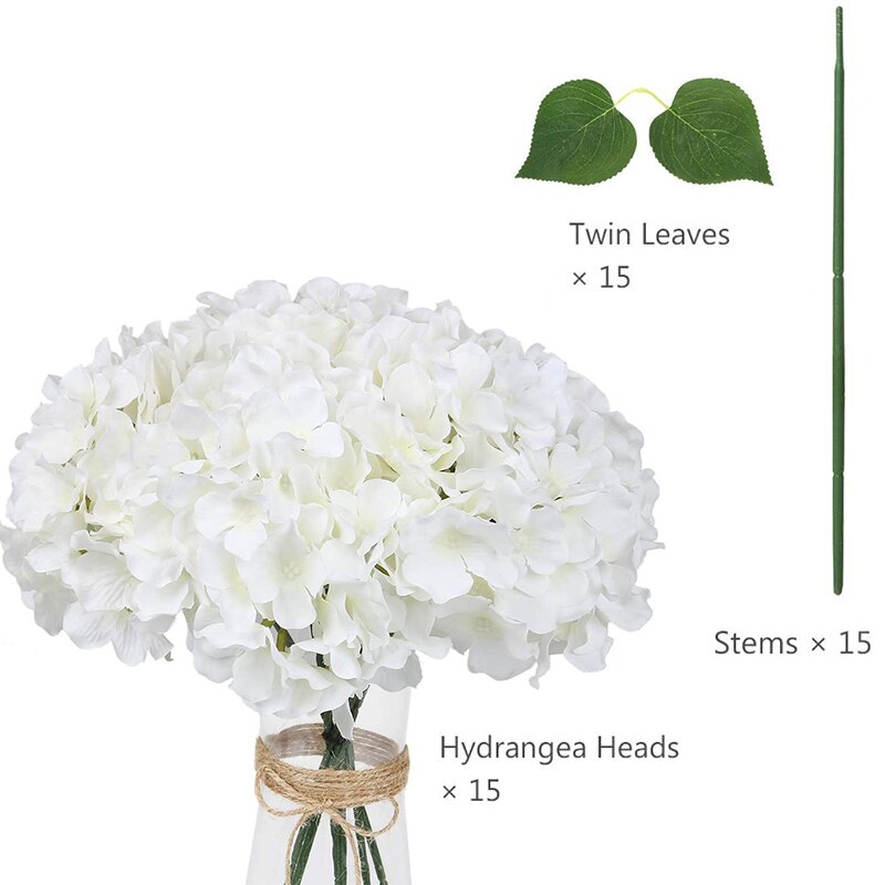 Silk Hydrangea Flowers Artificial Flowers Heads with Twin Leaves and Stems for Home Wedding Party Decorations: White