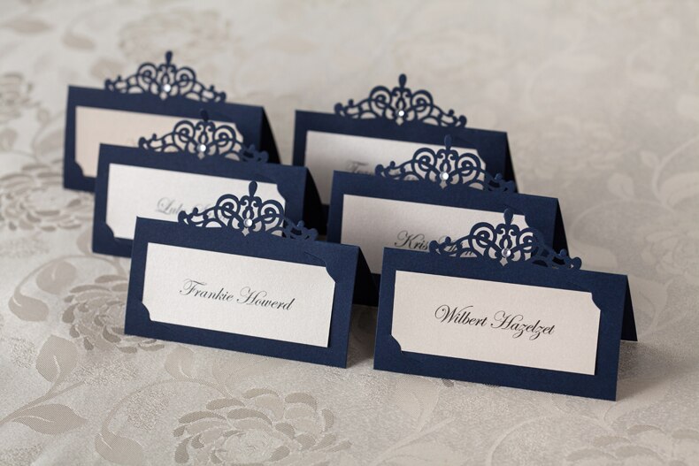 Portatarjetas de lugar azul marino, centro de mesa, configuración de nombre y número, decoración para banquete de boda, tarjetas e invitaciones para eventos y fiestas