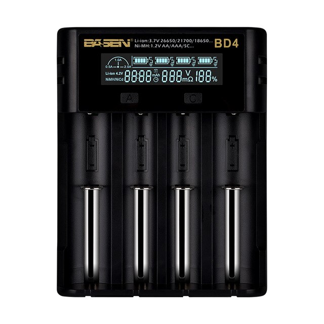 BASEN 18650 Battery Charger for 1.2V 3.7V 3.2V 18650 26650 21700 18350 AA AAA lithium NiMH battery smart charger 5V 2A plug: BD4-1