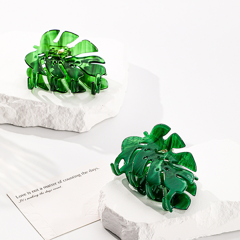 Pinza para el pelo de hoja verde esmeralda de estilo mundial refrescante, de personalidad, pinzas para el pelo de acetato, accesorios para el cabello para mujeres y niñas