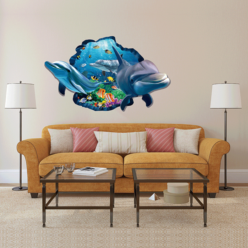 DIY Dolphin Wall Stickers 3D Look Underwater World Fish Wall Decals Baby Nursery Kids Bedroom Bathroom Decoration Wall Sticker