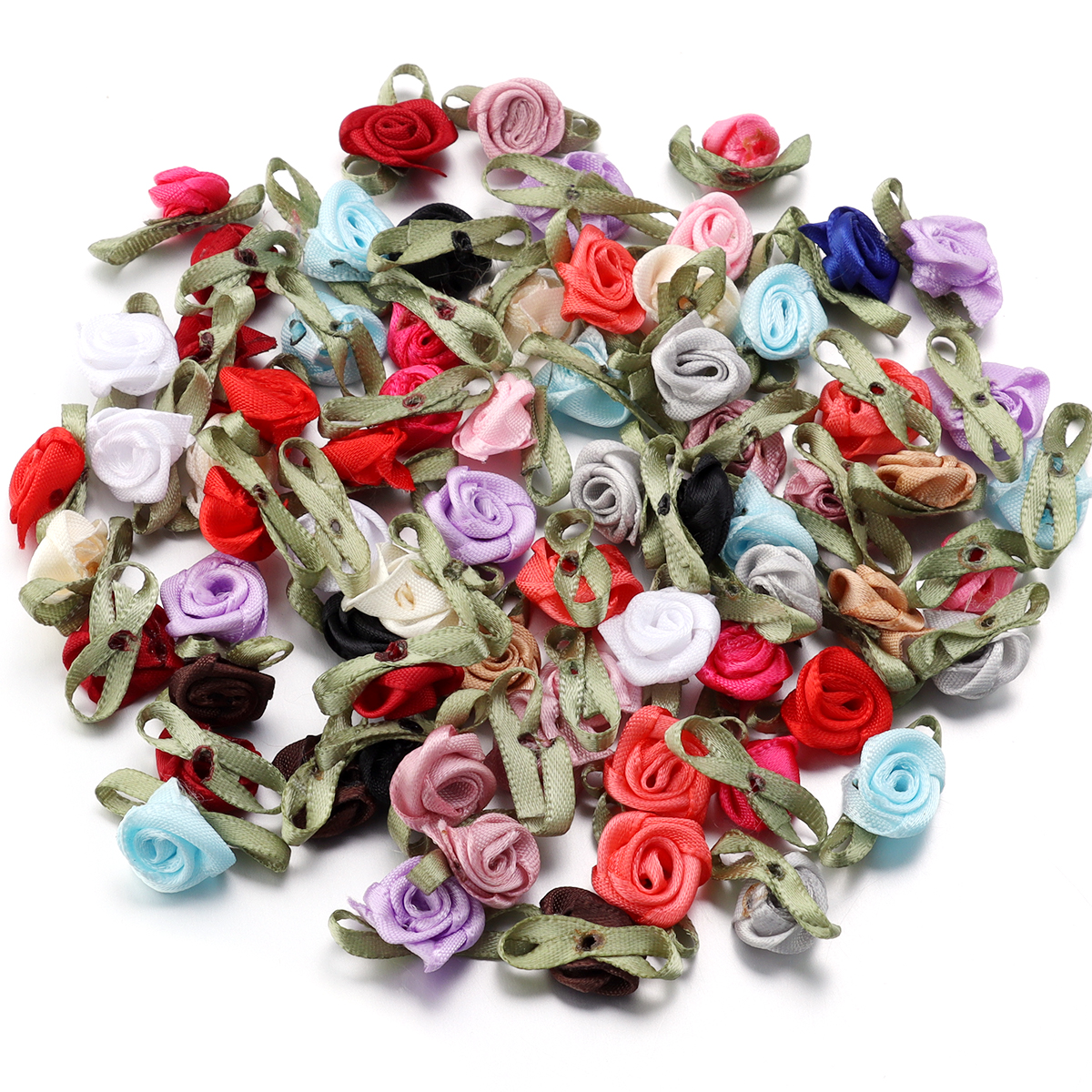 Cinta de satén para manualidades, 50 piezas, brotes de rosas de 1,5x2,5 cm, flores con hojas verdes para álbumes de recortes, sombreros, prendas de vestir, suministros de decoración de boda: Blanco