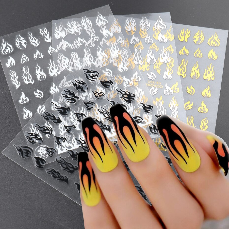 1Pcs Holographics 3D Fire Flame Nail Stickers Goud Zilver Wit Zwart Adhensive Sticker Voor Gel Polish Nail Art Decoratie NLCB205