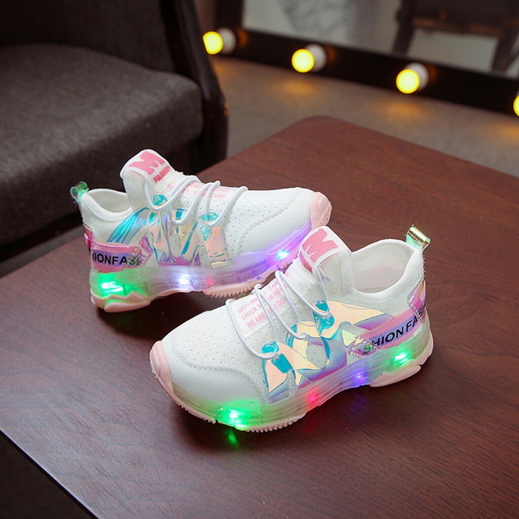 Children Kid Baby Girls Boys Mesh Letter Led Luminous Sport Run Sneakers Shoes: Pink / 26