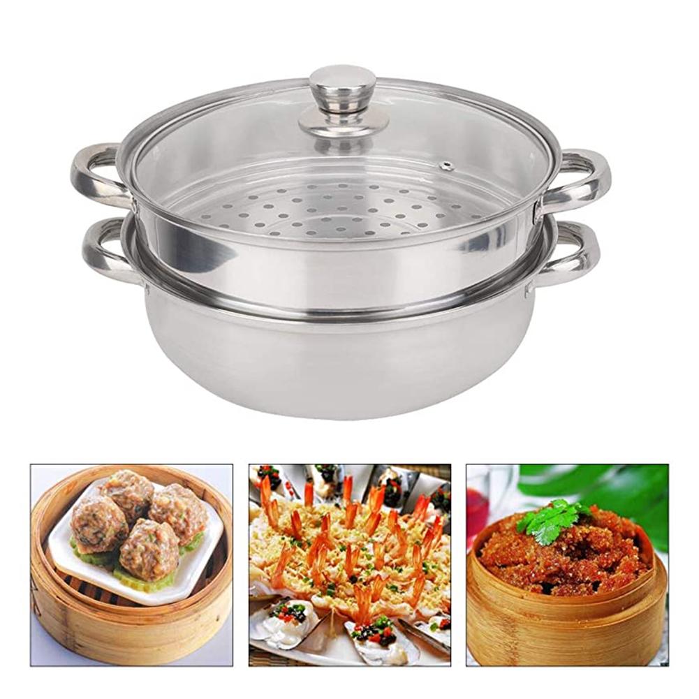 28cm 2-Layer Steamer Stainless Steel Kitchen Boiling Soup Steaming Pot with Lid The pot has been carefully polished to a smooth