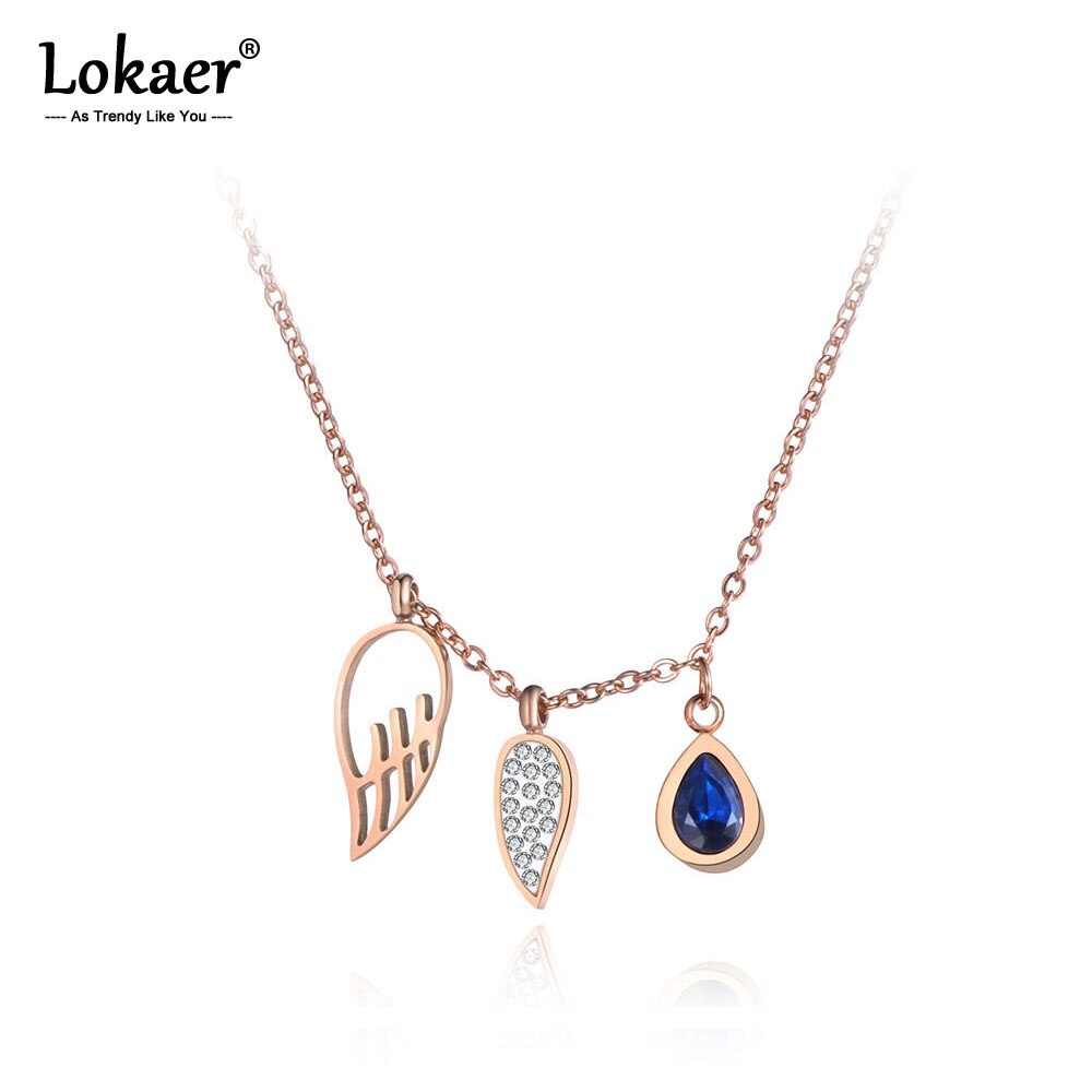 Lokaer Titanium Stainless Steel Angel Wings & Water CZ Crystal Charm Pendant Jewelry Chain Choker Necklace For Women N19094