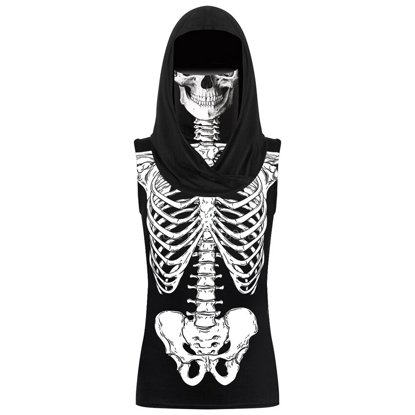 Summer Halloween Skeleton Print Cosplay Costume Women Hooded Tank Top Ear Hanging Mask Scary Horror Carnival Party Sleeveless