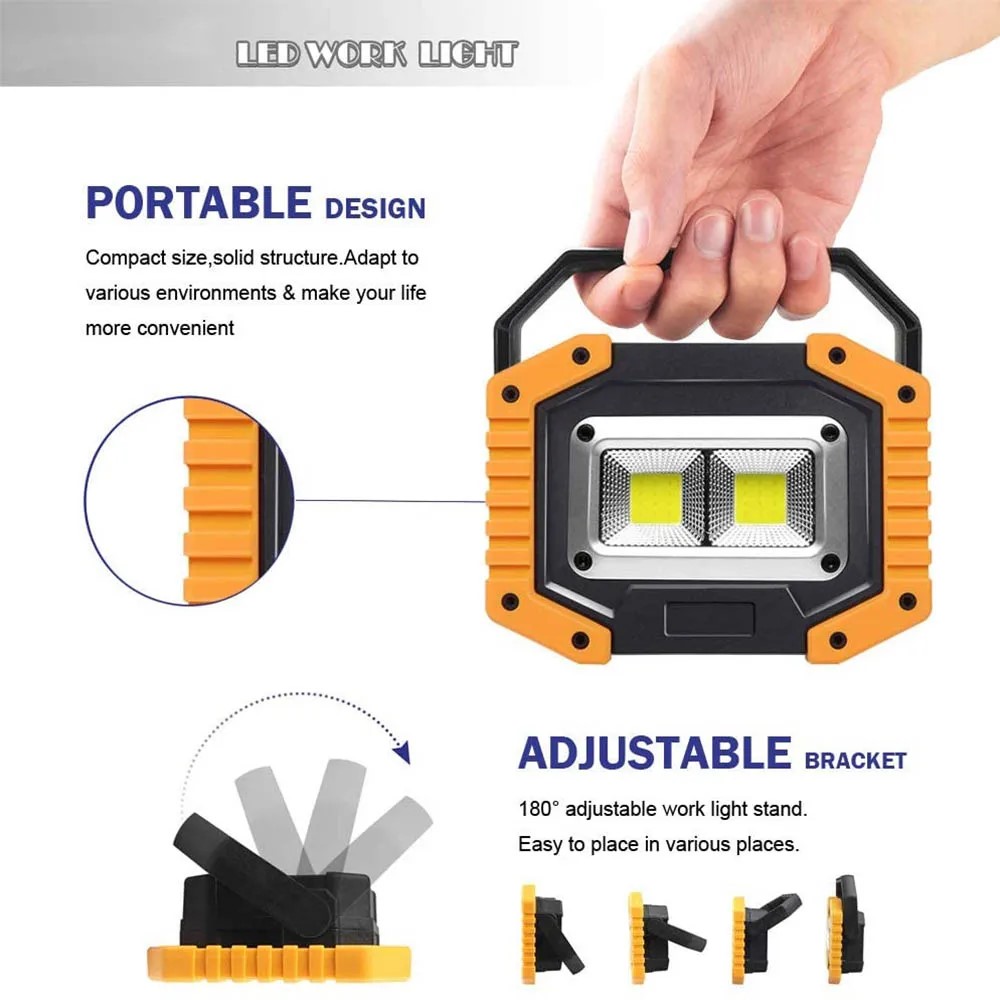 Foco LED COB portátil de 100W, Lámpara de trabajo ultra brillante, recargable por USB al aire libre para acampar, lámpara de emergencia 18650