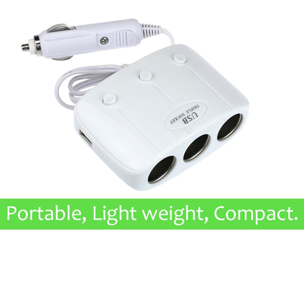 Witte dubbele usb-autoladeradapter met 3 stopcontacten voor sigarettenaansteker, dc-stopcontact, autosplitter, auto-stopcontactadapter