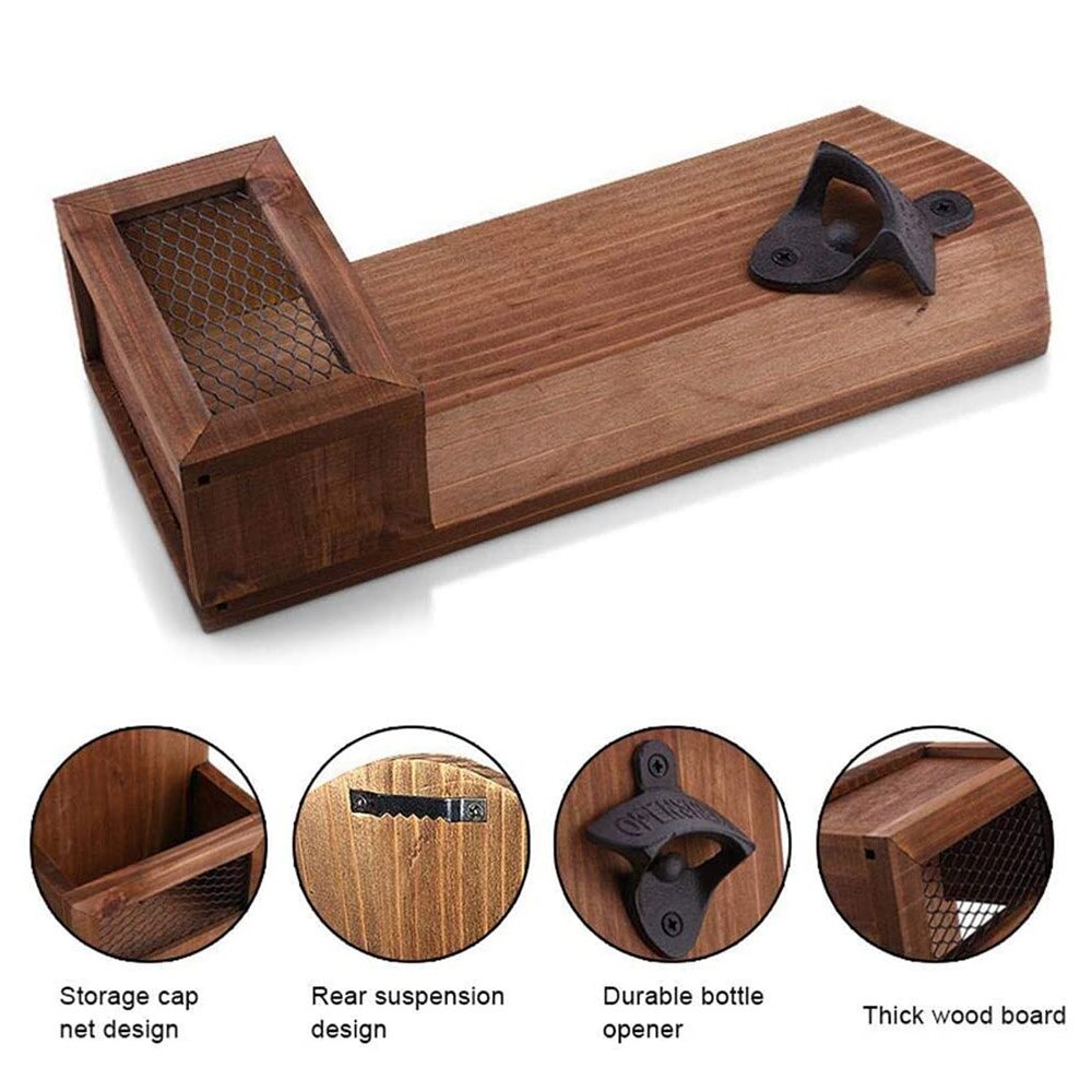 Wall Mounted Bottle Opener Wooden Refrigerator Mount Home Decor Fathers Day Wood Bottle Opening Board Beer Opener Cap