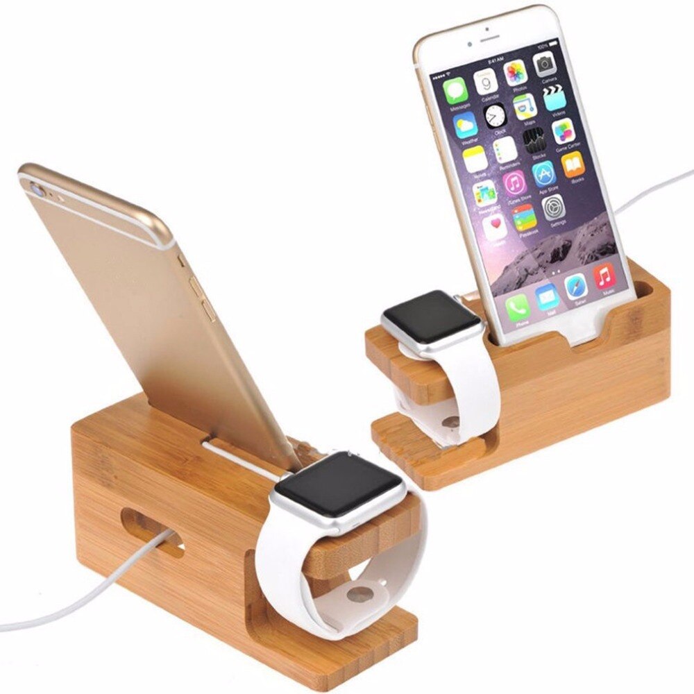 2-in-1 Real Bamboe hout Desktop Stand voor iPad Tablet Beugel Docking Houder Oplader voor iPhone Opladen dock voor Apple Horloge