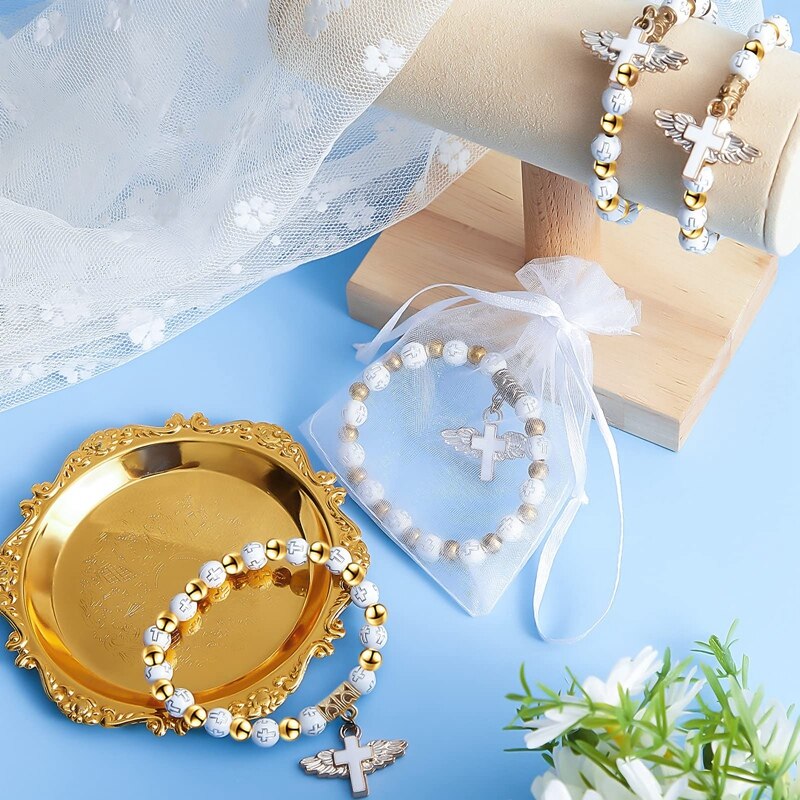 Angel Wing Kruis Armband Gunst Met Organza Zakken Acryl Doop Gunst Voor Jongen En Meisje Communie Verjaardag Bruiloft
