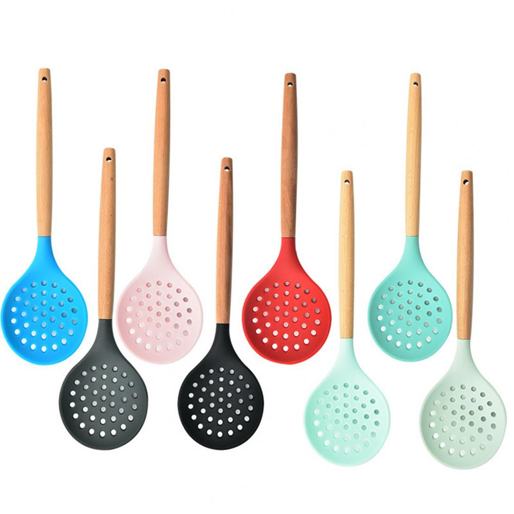 Wooden Handle Non-Stick Kitchen Silicone Strainer Spoon Skimmer Strainer Filter Baking Cooking Serving Utensils Set cocina