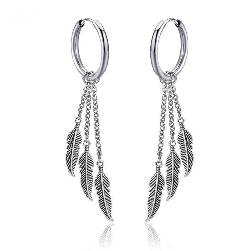 1 ST Vintage Zilveren Veer Bladeren Kwastje Oorringen Voor Vrouwen Mannen Europese Trendy Multilayer Chain Leaf Hanger Cirkel Oorbellen Sieraden E303