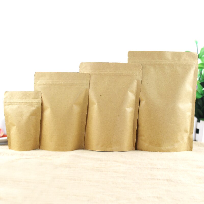 50pcs Stand up Kraft Paper + Foil Inlay Zip Lock Bag High Barrier Powder Nuts Coffee Tea Kitchen Spice Heat Sealing Pouches
