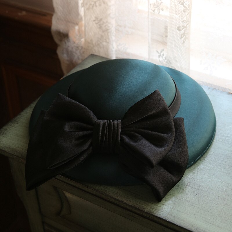 Chapeau à large bord pour femmes, style anglais, pour Banquet, fête de mariage, Vintage, , avec nœud papillon, dôme, collection automne et hiver: Dark green