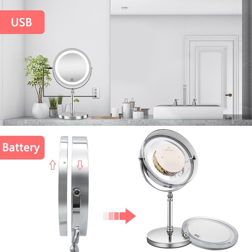 Led Lighted Makeup Mirror 10X Magnifying Double Sided Illuminated Mirror USB Charging Touch Dimming Bath Mirrors