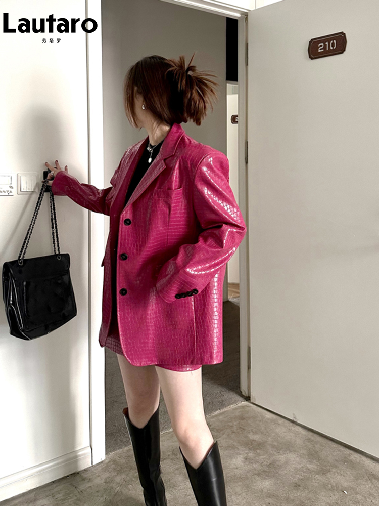 Lautaro-krokodillenprint lak PU lederen blazer dames, casual glanzende krokodillenprint, enkele rij knopen, luxe designerkleding
