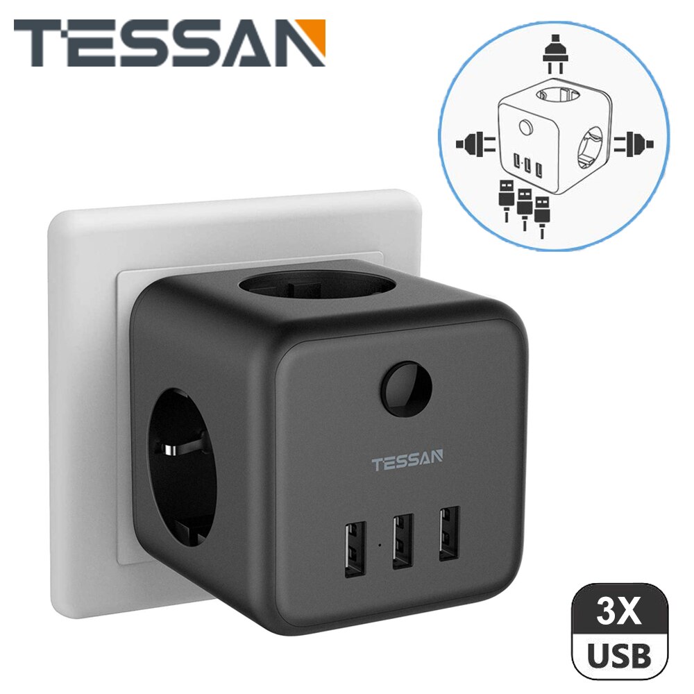 TESSAN – multiprise murale ue, avec 3 prises ca, 3 Ports USB et interrupteur marche/arrêt, 100-250V, adaptateur de Charge pour le bureau