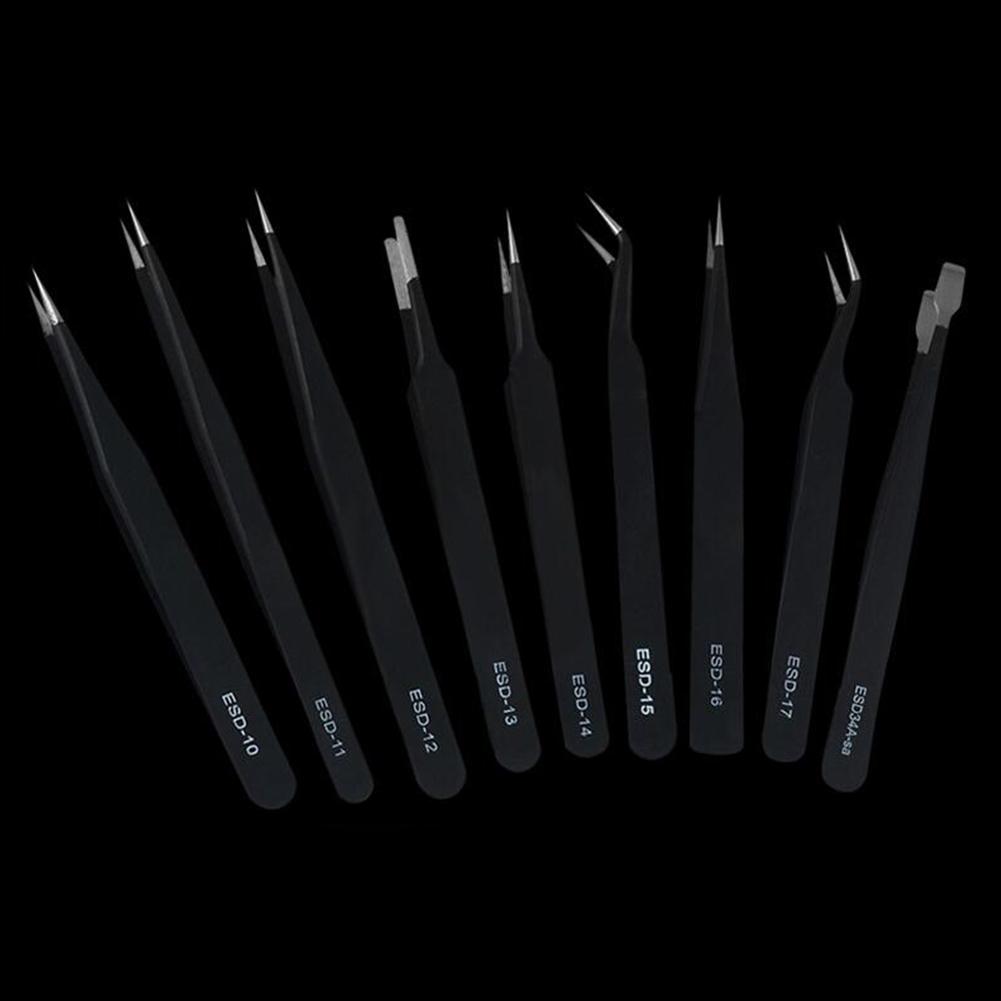 Kit de pince à épiler antistatique d'esd d'acier inoxydable de 9 pièces avec la pointe plate droite incurvée pour réparer des bijoux d'artisanat