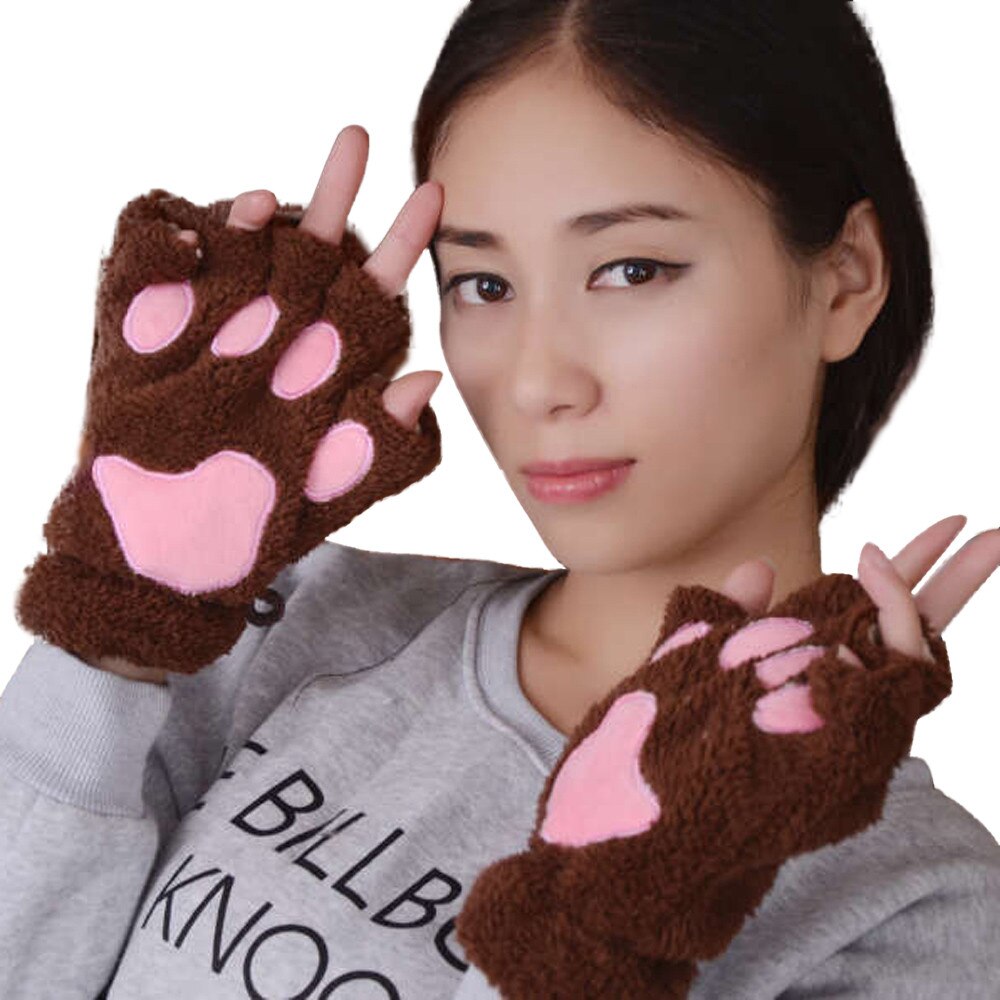 Gants demi-doigt épais en velours pour femmes, garde la chaleur, mitaines en peluche avec patte de chat épaisse, doux: Café