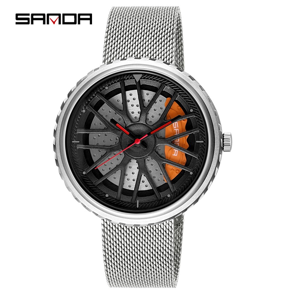 Relojes para hombre, Casual, estilo de rueda de coche, relojes de pulsera creativos para hombre, esfera de rueda de carreras 3D, reloj de cuarzo para hombre, reloj Masculino: Steel grid silver