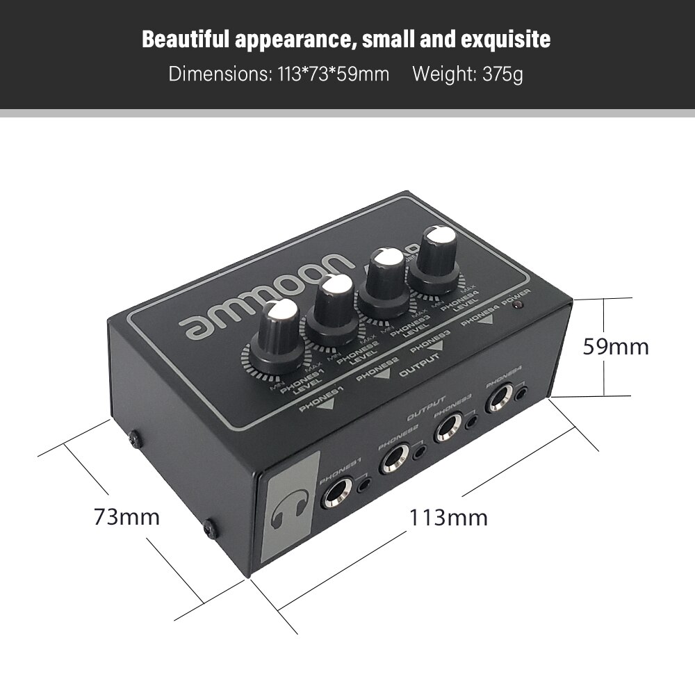ammoon Headphone Amplifier Amp AHA04 Portable 4-Way with 1/4 inch & 1/8 inch Inputs Outputs RCA Stereo Input Volume Control