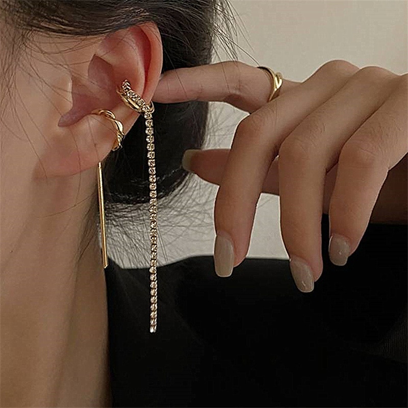 Flashbuy Trendy Goud Kleur Oor Manchetten Clip Oorbellen Voor Vrouwen Kristal Geen Piercing Lange Kwast Oorbellen Minimalistische Sieraden