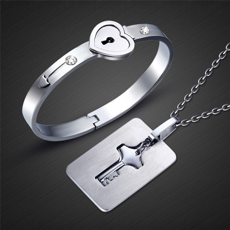 Love Heart Lock Bracelet Stainless Steel Bangles Key Pendant Couple Lovers Jewelry Valentine's Day