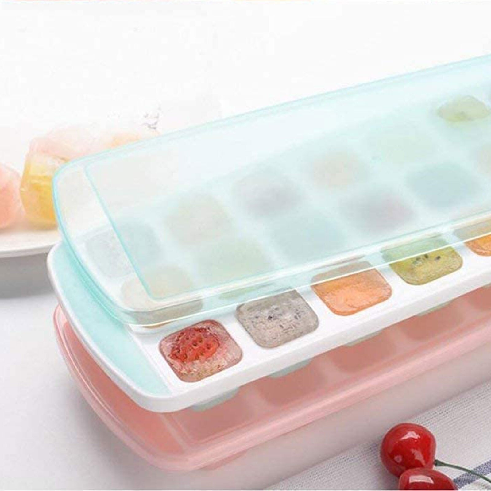 3pcs/set Silicone Ice Cube Trays With Spill-Resistant Removable Lid 21 Cavity Mold Square Shape Stackable Fruit Popsicle Plate