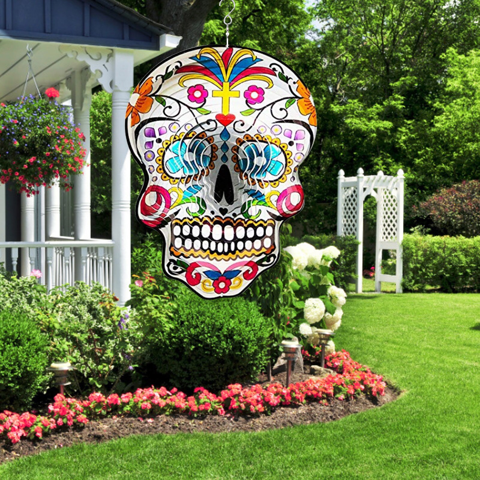 Kinetic 3D Metal Wind Spinners Garden Colorful Skeleton Head Wind Spinner For Gardens Windows Lights Trees Balconies