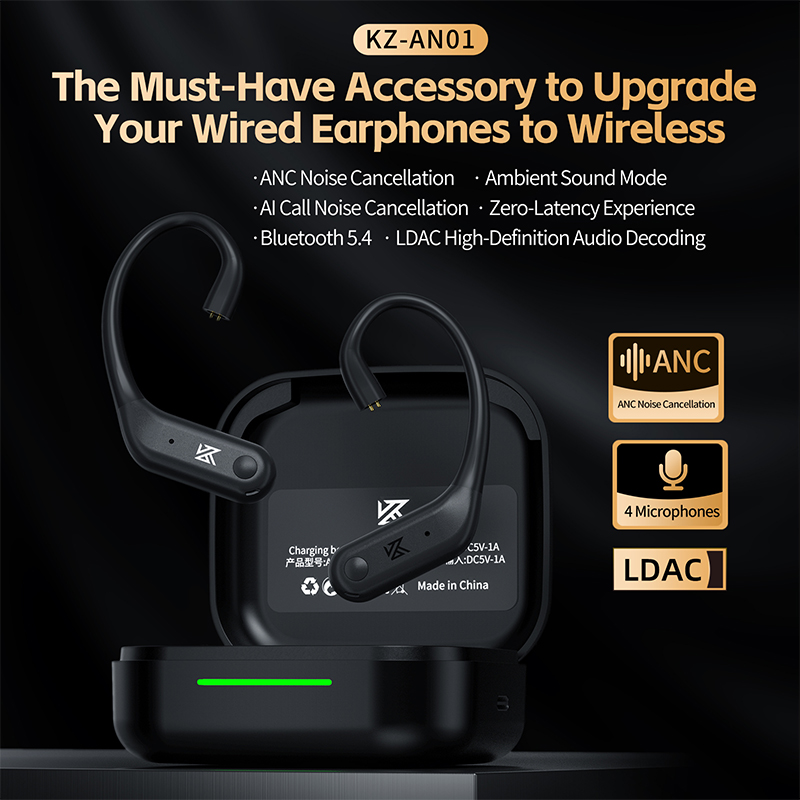 KZ AN01 Cable de gancho para la oreja mejorado inalámbrico cancelación de ruido ANC compatible con Bluetooth 5,4 C-Pin LDAC HD decodificación de Audio Compatible